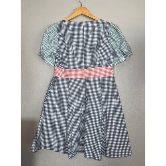 Moodie Madras Patchwork Short Mini Dress Womens Large Gingham Plaid Blue Picnic - Picture 3 of 7